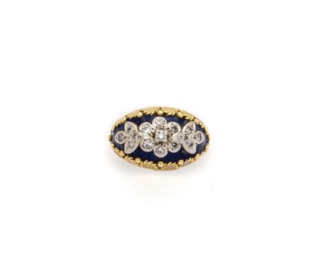 ENAMEL AND DIAMOND RING, the elliptical blue enamelled bezel with a central floral and foliate motif set with foiled single-a