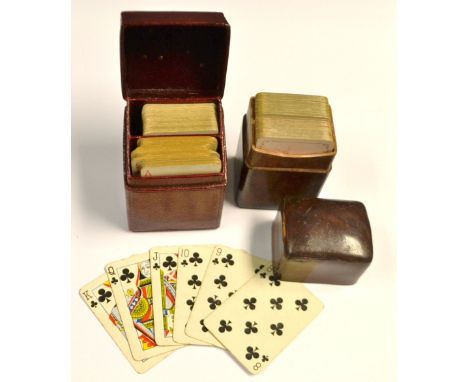 An Edwardian set of patience playing cards, Morocco case; another set similar, leather case (2)