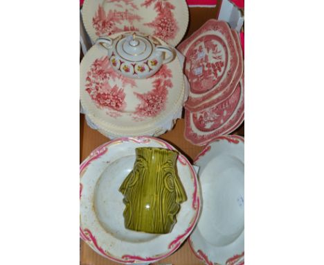 Tableware - a Victorian Staffordshire pink and gilt decorated part table service, including six dinner plates, four soup bowl