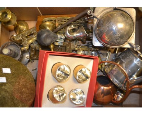 Metalware - a brass English setter dog knocker;  a pair of brass candlesticks, another pair similar;  a pair of Salter weighi