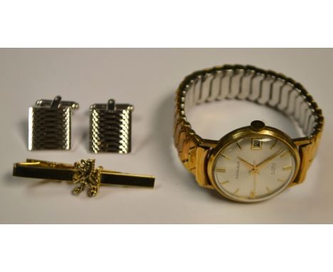 A gent's Excalibur watch, 21 jewels, silvered dial, baton indicators, date aperture, boxed; cufflink's, tie clip