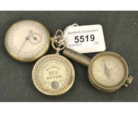 A military timer, TP 1/10; a military compass; a Watkins Bee meter (3)