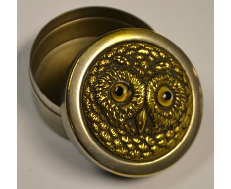 A Victorian patch box, as an owl head, with glass eyes