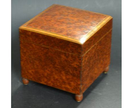 A cube shaped birds eye maple inlaid tea caddy with clockwork movement, plays Tea For Two, 10.5cm