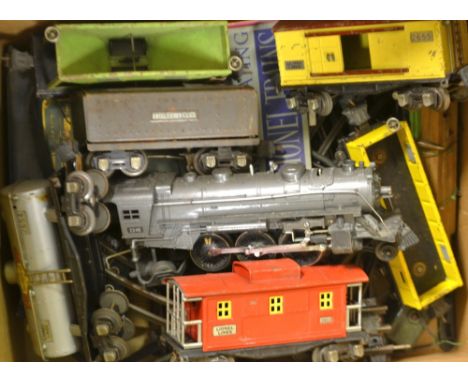 Lionel Trains - Made in the USA, a Lionel 2-6-2 engine, 224E, silver livery;  rolling stock, including timber wagon, Gas Suno