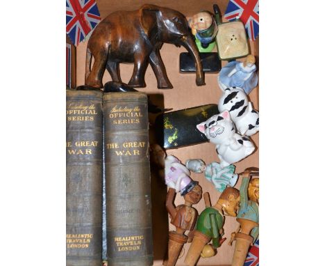 A carved treen animated bottle stopper; a continental porcelain pin cushion doll; another; a snuff box; a lacquer purse; etc