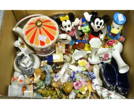 A novelty ceramic Disney Mickey Mouse, Minnie Mouse, Donald Duck, Jiminy Cricket, made in Japan; a Sadler novelty teapot Edwa