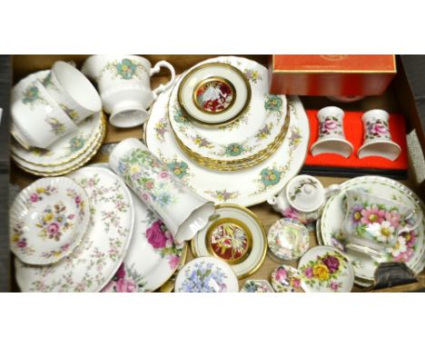 Ceramics - a Royal Albert Cosmos trio; a Royal Stafford True Love part tea service; a pair of Royal Crown Derby Posies vases,