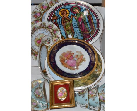A pair of Crown Staffordshire plates, stained glass windows, Charles and Challons-sur-Marne;  a pair of Heart of England plat
