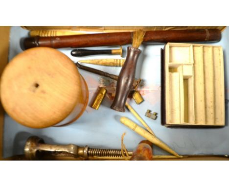 A late 19th century steel corkscrew;  another, turned wooden handle with brush  a treen string container;  a treen thermomete