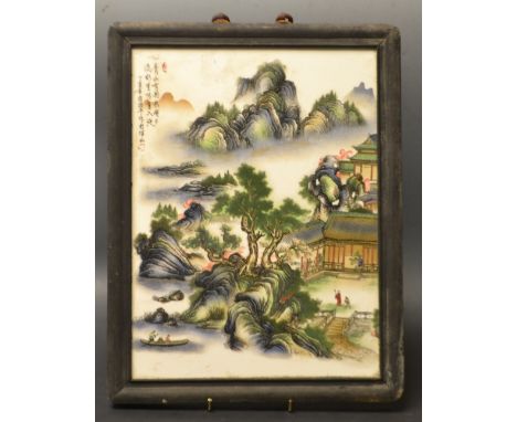 A Chinese ceramic wall panel traditional landscape, painted marks, framed 