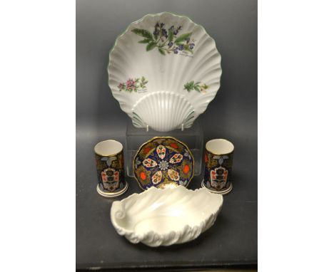 A pair of Lynton Hamilton Imari cylindrical spill vases, 10cm high, printed mark; a similar shaped circular pin dish, 12cm di