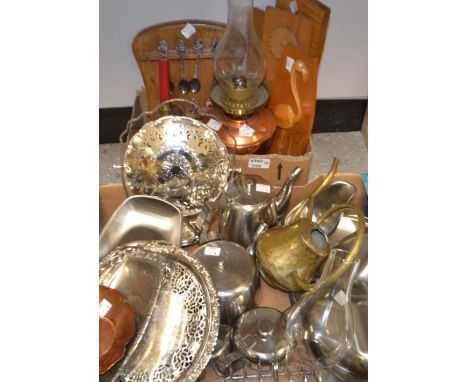 Metalware and treen  - a collection of spoons on an oak rack; a treen oil lamp; another, copper lamp; plaques; metalware etc 