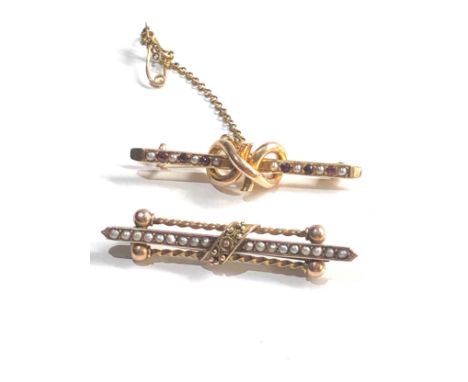 2 x 9ct &amp; 15ct gold antique seed pearl bar brooches inc. ruby,  knot motif,  (6.1g) 