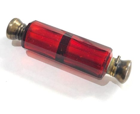 Antique ruby glass double ended scent bottle measures approx 10.3cm long 