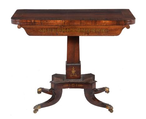 Y A Regency rosewood and brass inlaid card table, circa 1820, 72cm high, 91cm wide, 45cm deepCondition Report: Marks, knocks,