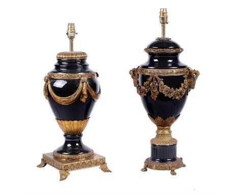 A black glaze ceramic and gilt metal mounted table lamp in Louis XVI taste, first half 20th century, the ovoid urn body cast 