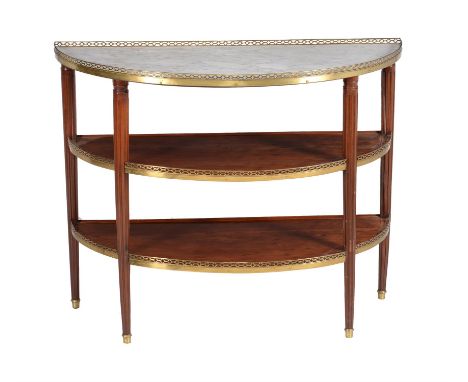A French plum-pudding mahogany console table, late 19th century, of semi-elliptical outline, the variegated white marble top 