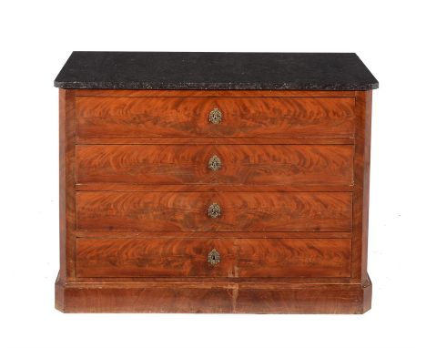 A Napoleon III figured mahogany commode, third quarter 19th century, with marble top, 77.5cm high, 104cm wide, 50cm deep 