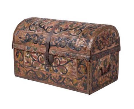 An embossed leather trunk, probably Spanish, in late 17th century style, early 20th century, typically polychrome decorated, 