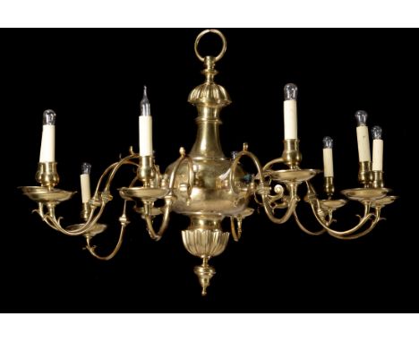 A gilt metal ten light chandelier, in 18th century Northern European style, first half 20th century, with scrolled and knoppe