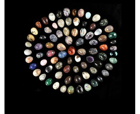 A large collection of 80 hardstone and semi-precious specimen models of eggs, to include examples in agate, carnelian, amethy