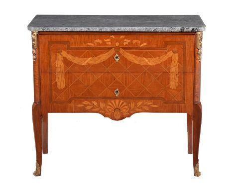 Y A French Kingwood and marquetry inlaid commode, second quarter 20th century, with variegated grey marble above two drawers,