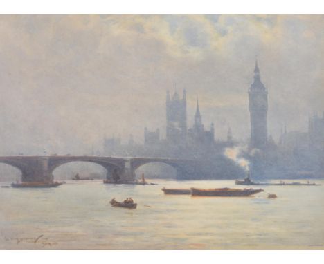 λ† William Alister Macdonald (British 1861-1948) The Houses of Parliament in the early morning mist; London Bridge Watercolou