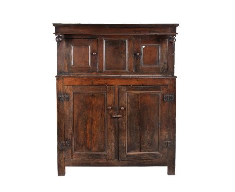 An oak court cupboard, 18th century, 173cm high, 137cm wide, 52cm deepCondition Report: Marks, knocks, scratches, abrasions c