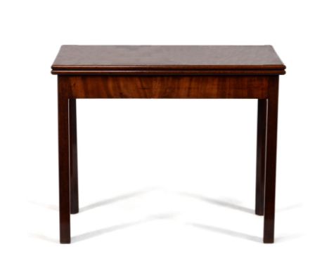 A George III mahogany concertina action folding card table, circa 1780, the hinged rectangular top opening to a baize playing