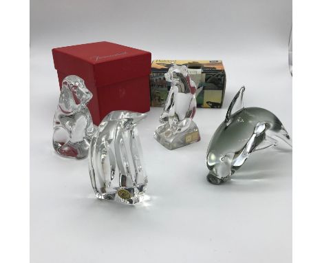 Baccarat crystal sitting dog figure, Hadeland Norway crystal Sitting polar bear, Val St Lambert Belgium Crystal penguin and a