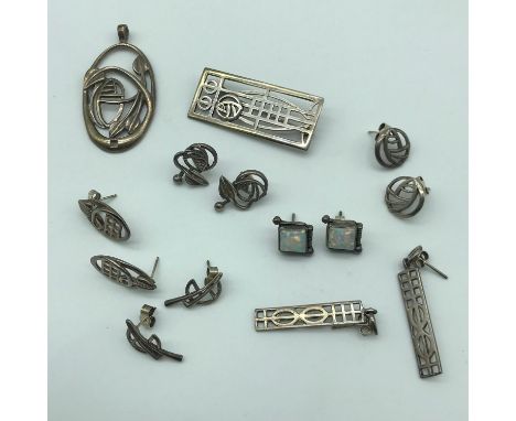 A Lot of Silver Rennie Mackintosh jewellery to include; pendant, brooch and five pairs of earrings, together with silver and 