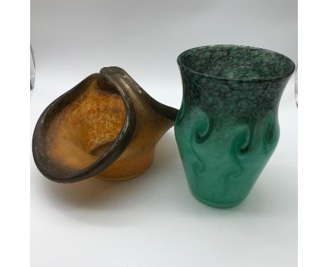 A Vasart orange art glass basket vase together with a Scottish green coloured vase. Green vase measures 16.5cm in height. 