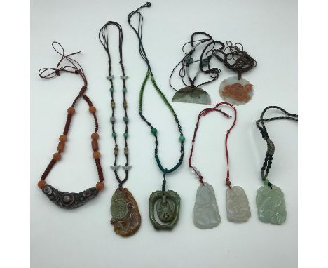 A Lot of 8 Jade, Mutten fat jade and hard stone carved oriental pendants 