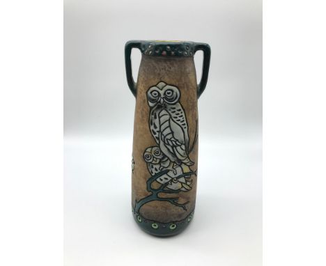 Large Austrian Amphora Campina Art Nouveau vase with owl design circa 1910. Measures 24cm in height.
