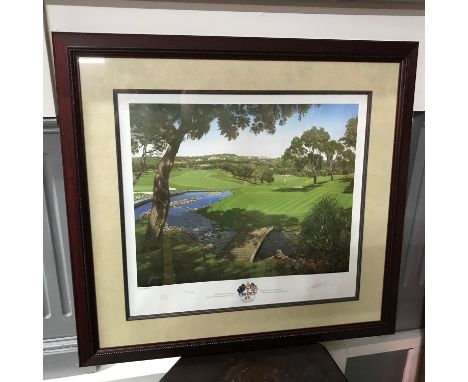 A Large limited edition print (55/850) titled Ryder cup 97 "The 4th green" by Graeme W Baxter. Signed by the artist and Seve.