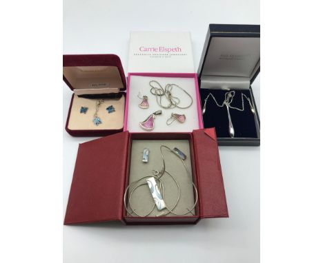 A Lot of 4 Silver necklaces together with pendant and earring sets, to include Carrie Elspeth silver and enamel set &amp; Pau