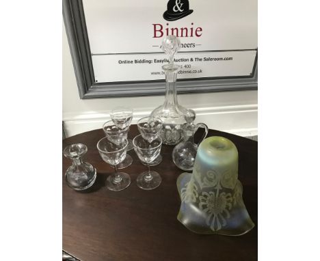 A Lot of Antique Crystal sherry glasses, decanter, vinegar oil decanter, small decanter with etched initials GN &amp; NE Jt R