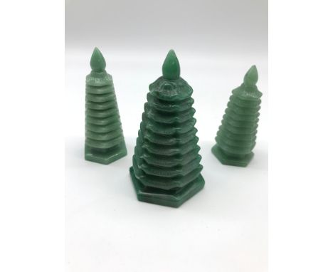 A Lot of 3 hand carved jade pagodas. Tallest measures  10cm 