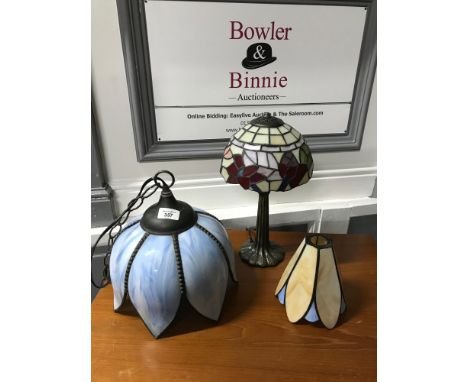 A Small Tiffany style table lamp , ceiling light shade and one other. 