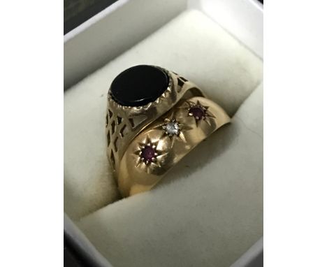 A Chester 18ct gold ring set with 2 ruby and diamond stones. (2.89grams) Together with a 9ct gold signet ring (2.10g) 