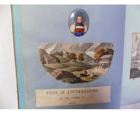 SWISS HAND COLOURED AQUATINTS. 7 views incl Mont Blanc, contained in keepsake album, also incl is fine oval enamel of Swiss g