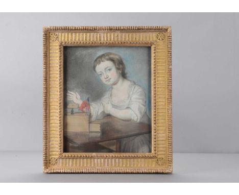A mid 18th century pastel of Thomas Osborne Marquess of Carmarthen with his tumbling toy, paper laid on board, carved wooden 