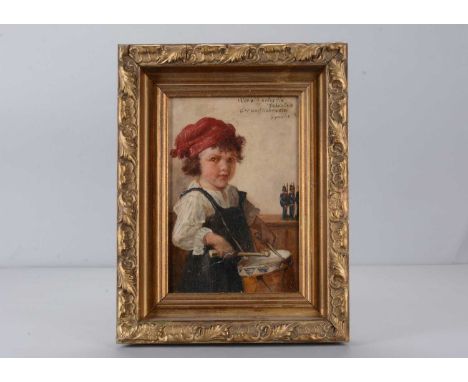 A late 19th century continental oil on board of a boy dressed as soldier with wooden soldiers in the background,  the boy dre