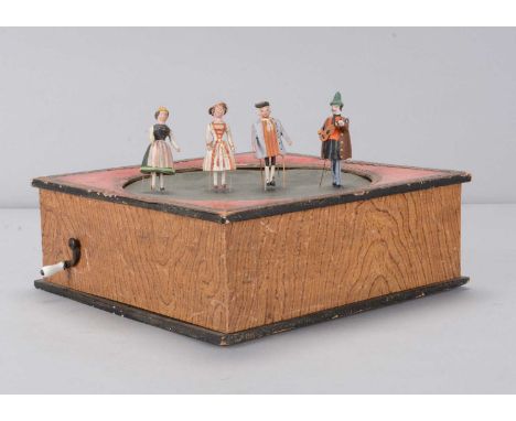 Four late 19th century bristle dancing toys with musical box platform,  wooden with composition heads, two men, one playing g