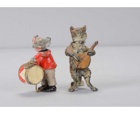Two late 19th or early 20th century Heyde-type lead animal musicians nodder, anthropomorphic painted cat playing a mandolin —
