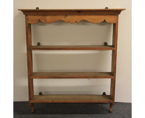 An old pine wall mounted kitchen shelf, H 96cm