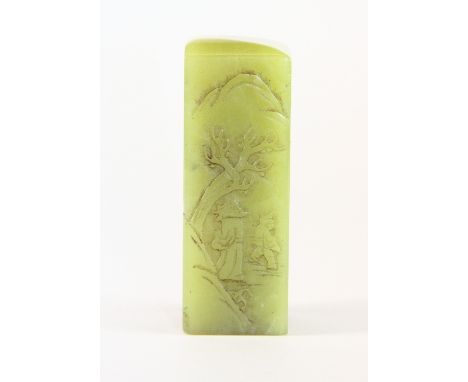 An unusual Chinese carved lime green jade / hardstone seal (probably late Qing), H 7.5cm