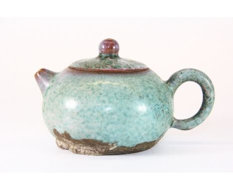 A Chinese robin's egg glazed terracotta teapot (probably late Qing), H 8.5cm (spout to handle 13.5cm)