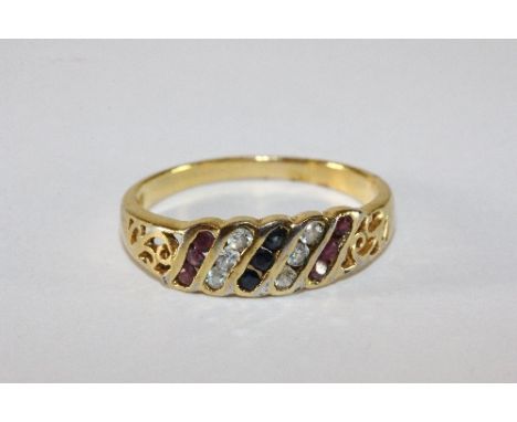 An 18ct yellow gold diamond ruby and sapphire ring (N.5)